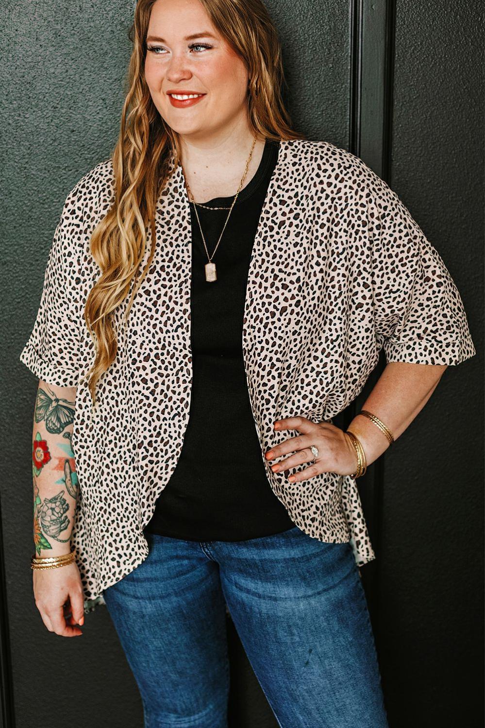 Womens  Plus Size Sweaters & Cardigans | Khaki Plus Size Leopard Print Half Sleeve Open Front Cardigan PLUS SIZE Khaki