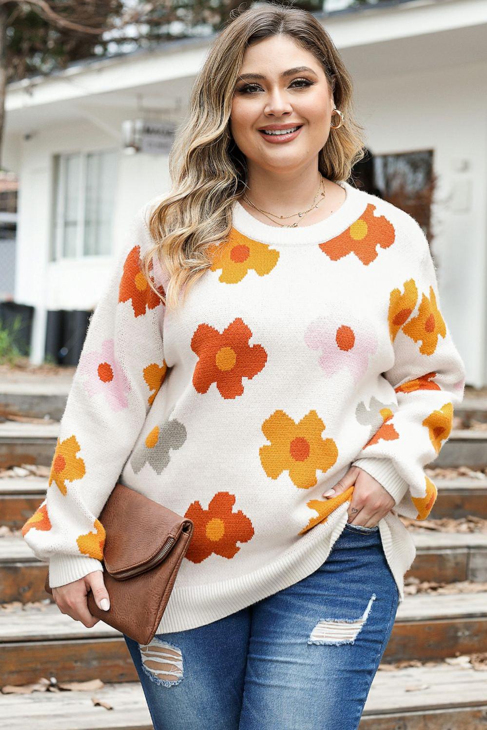 Womens  Plus Size Sweaters & Cardigans | White Plus Size Flower Pattern Ribbed Trim Casual Sweater PLUS SIZE Plus Size Sweaters & Cardigans