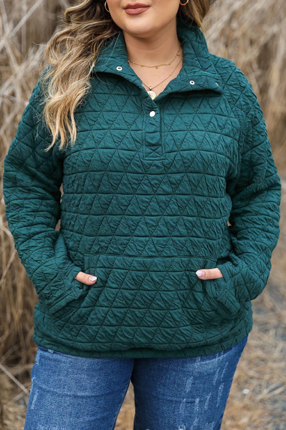 Womens  Plus Size Sweatshirts & Hoodies | Blackish Green Plus Size Quarter Buttoned Pocketed Quilted Sweatshirt PLUS SIZE Blackish Green