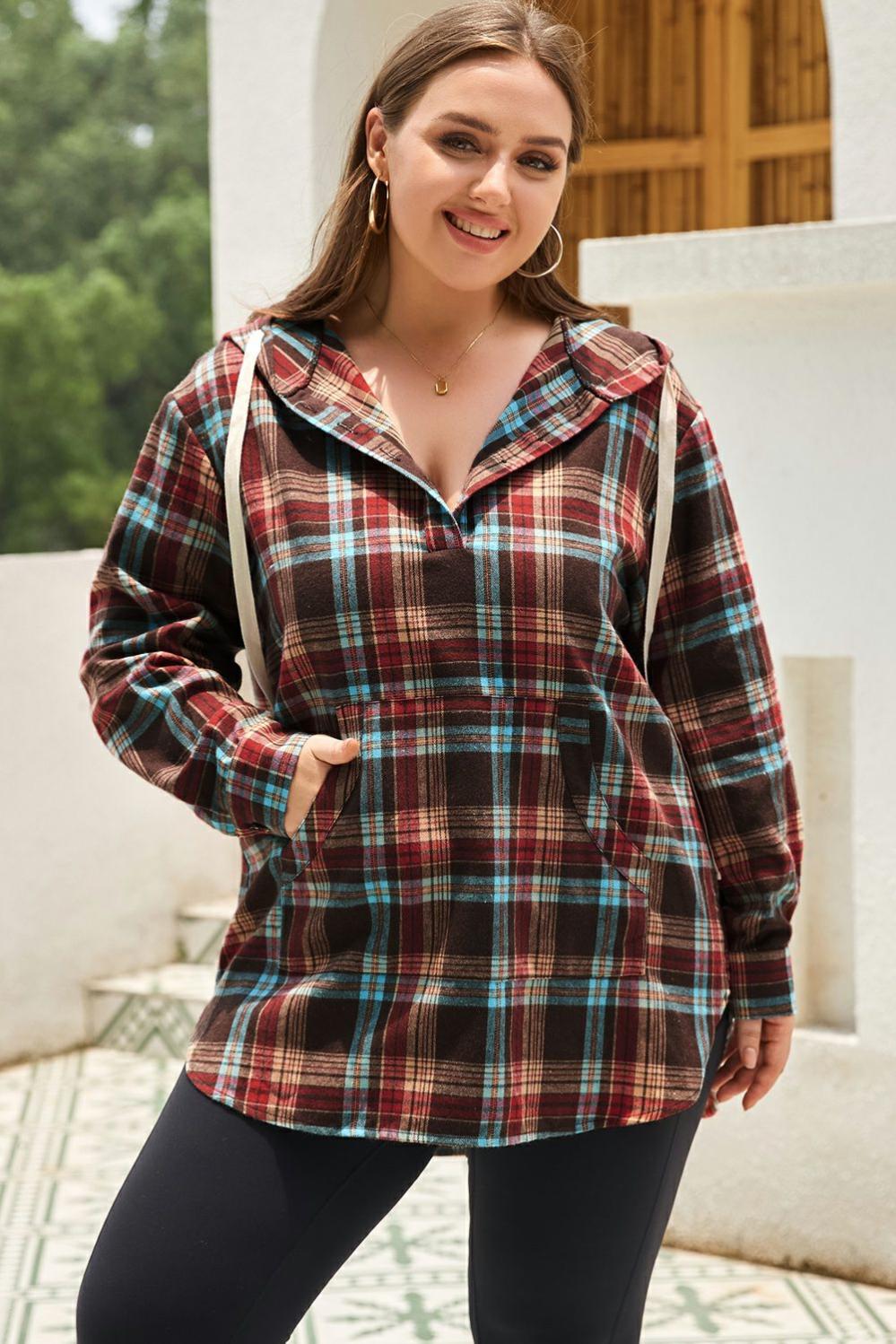 Womens  Plus Size Sweatshirts & Hoodies | Fiery Red Plus Size Plaid Kangaroo Pocket Drawstring Hoodie PLUS SIZE Fiery Red