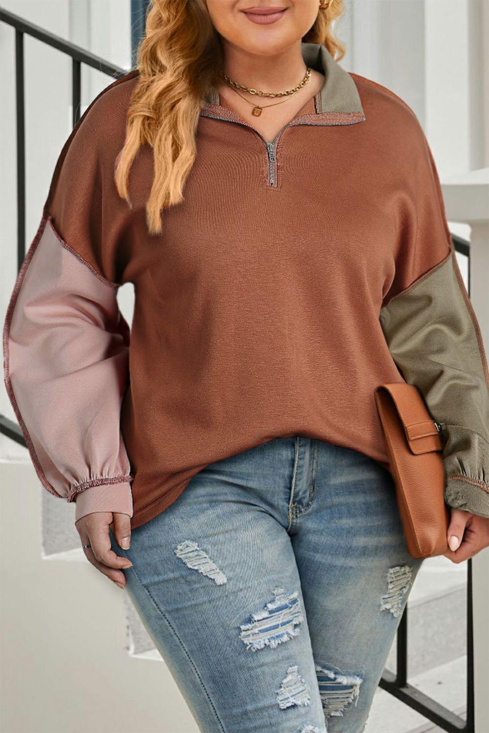 Womens  Plus Size Sweatshirts & Hoodies | Gold Flame Plus Size Colorblock Exposed Seam Quarter Zip Sweatshirt PLUS SIZE Gold Flame