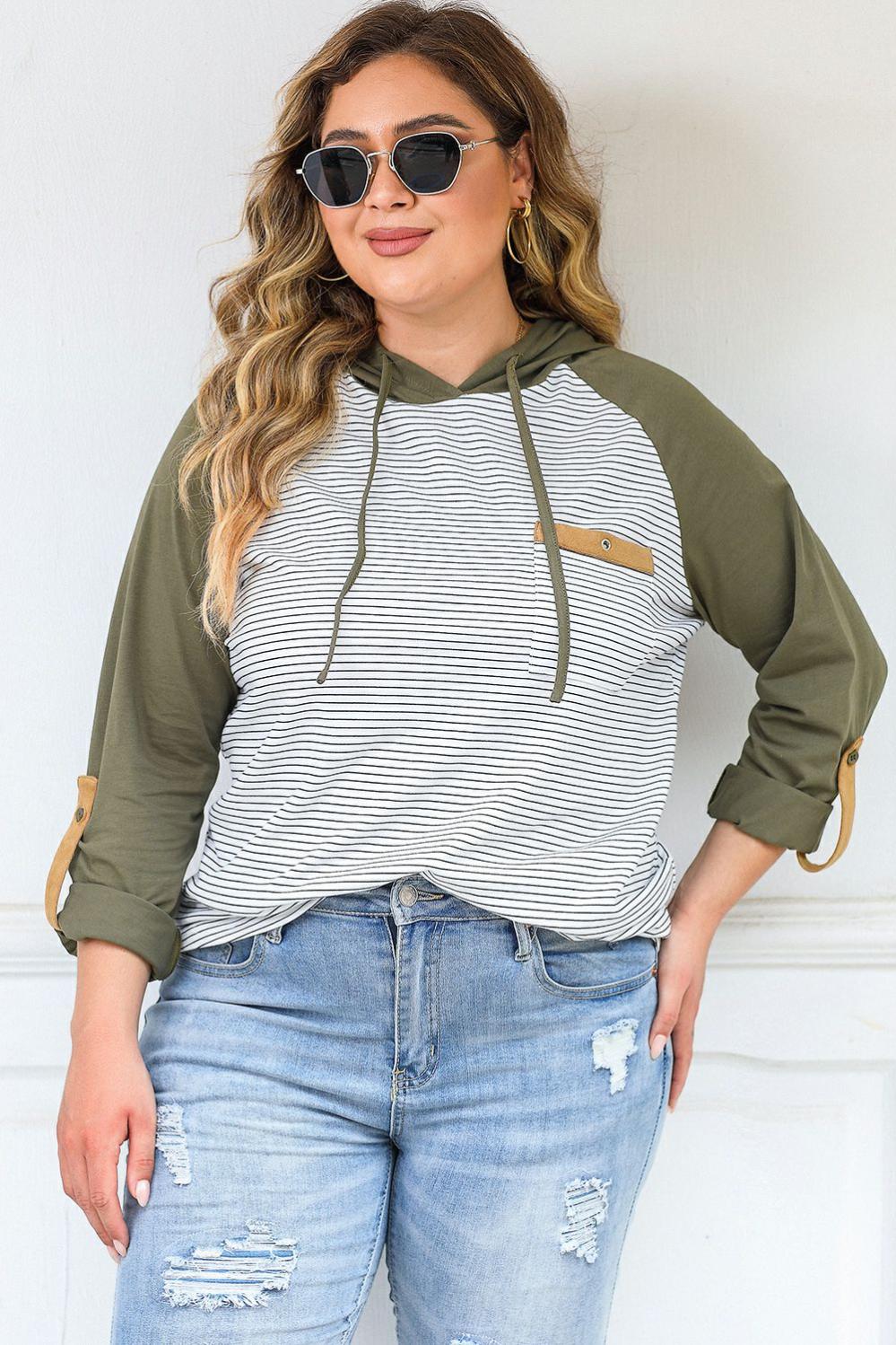 Womens  Plus Size Sweatshirts & Hoodies | Green Striped Raglan Sleeve Buttoned Pocket Plus Size Hoodie PLUS SIZE Green