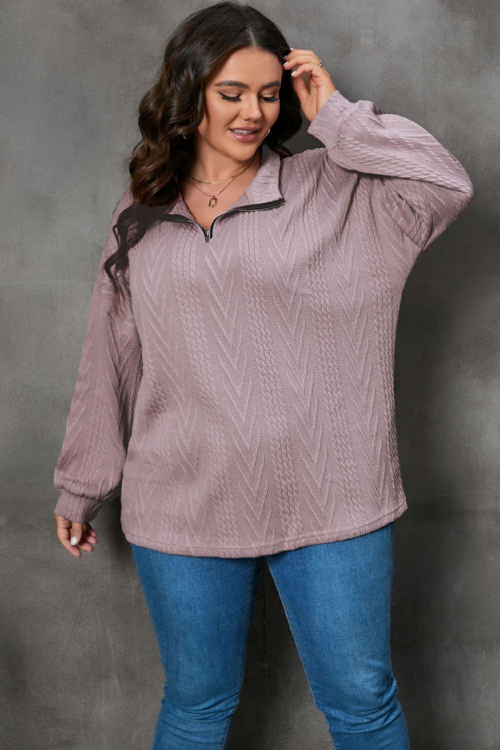 Womens  Plus Size Sweatshirts & Hoodies | Plus Size Textured Knit Zip Neck Pullover PLUS SIZE Brown