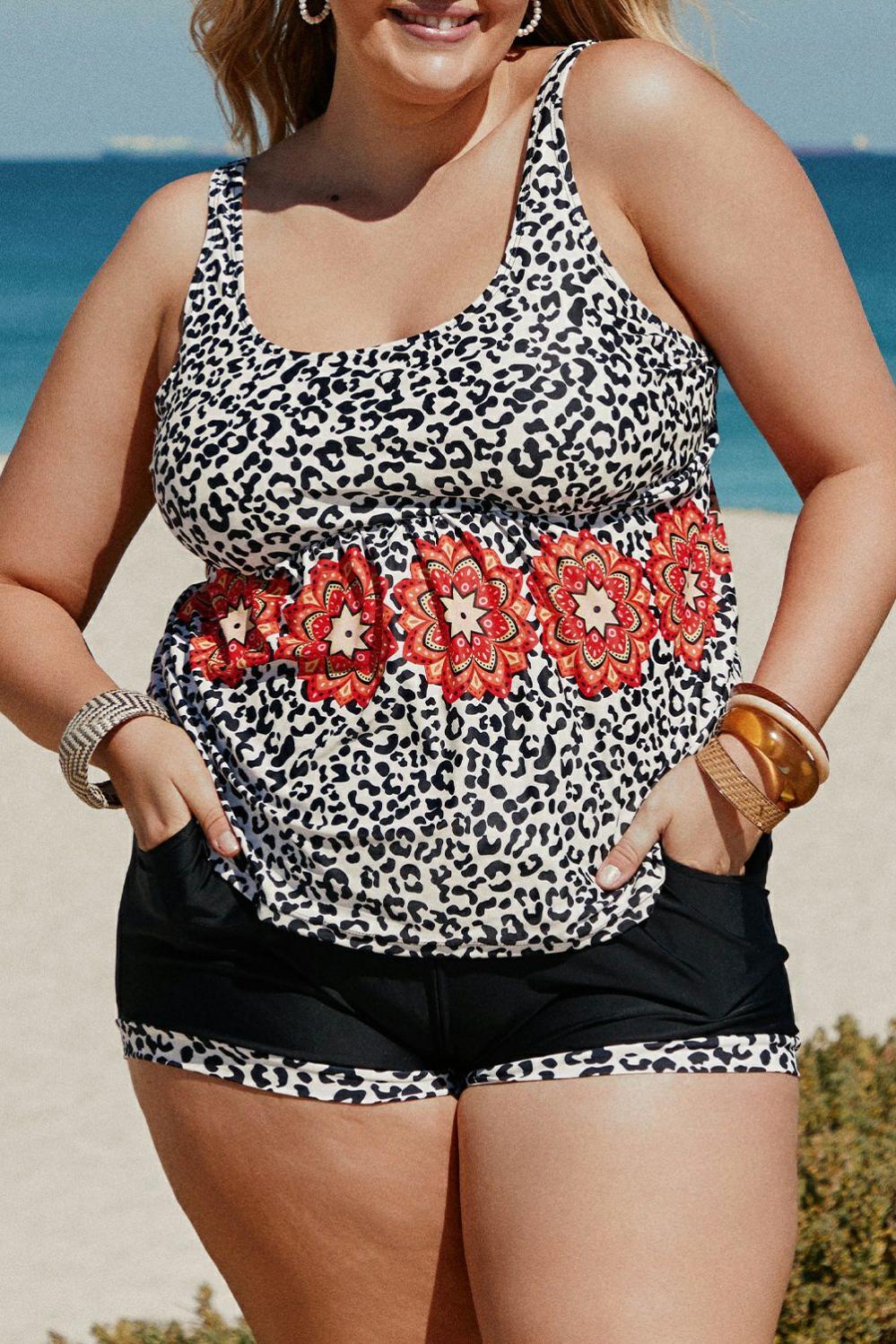 Womens  Plus Size Swimwear | Leopard Sleeveless Plus Size Tankini PLUS SIZE Leopard