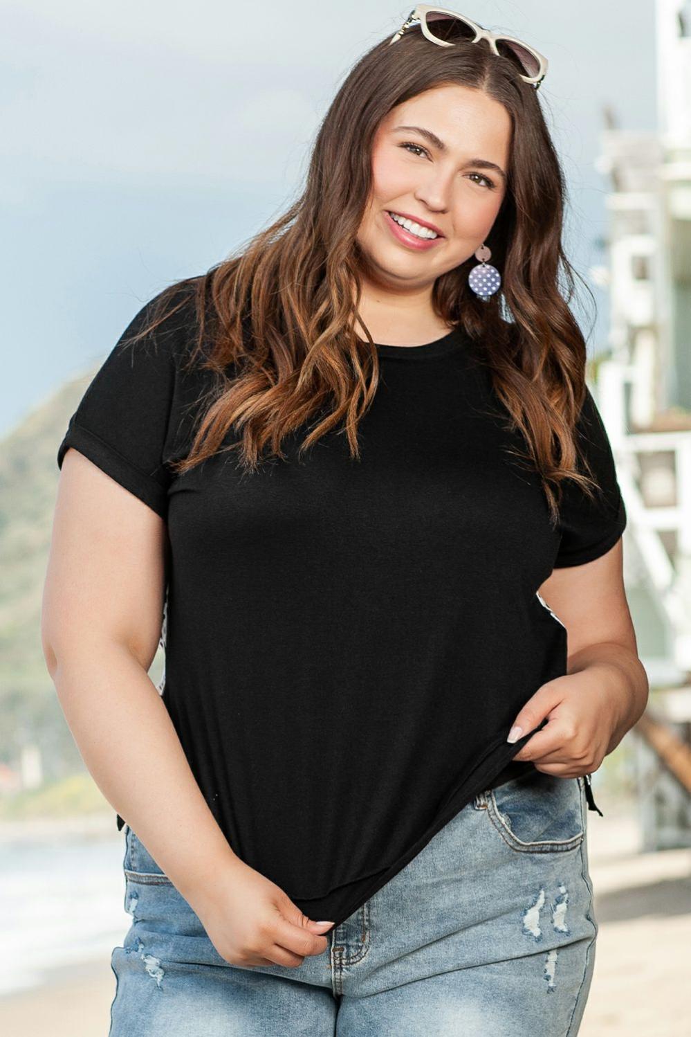 Womens  Plus Size Tops | Black Plus Size Cheetah Back Rolled Cuffs T-shirt PLUS SIZE Black