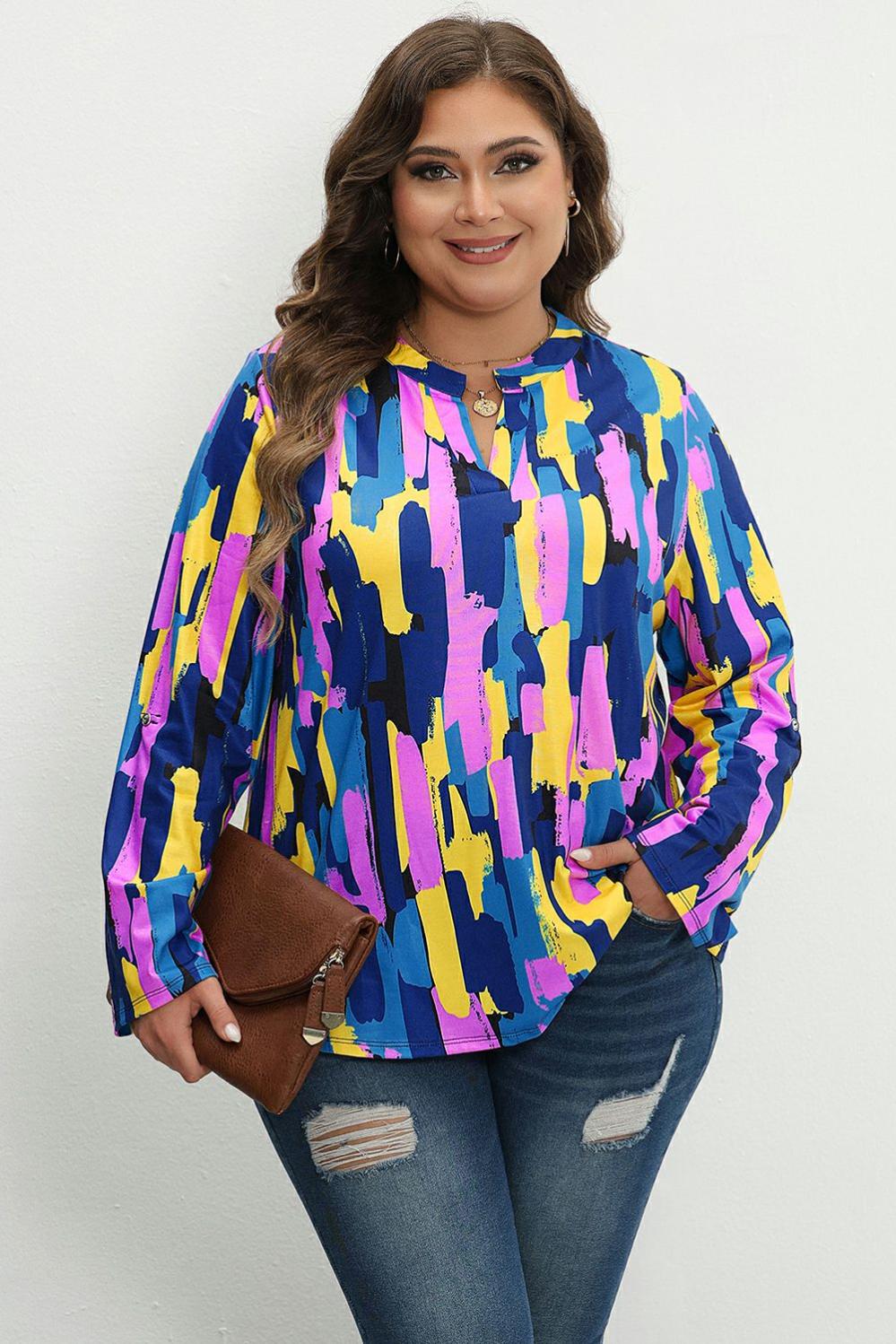 Womens  Plus Size Tops | Blue Plus Size Brushstroke Print 3/4 Sleeve Blouse PLUS SIZE Blue