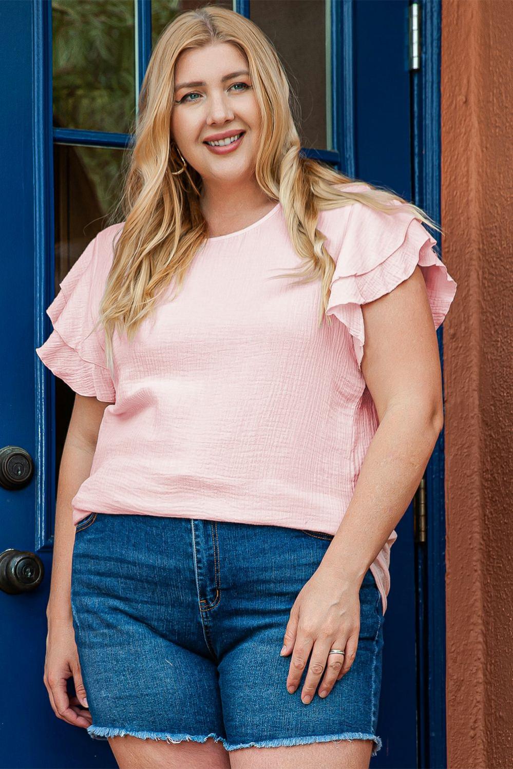 Womens  Plus Size Tops | Light Pink Plus Size Crinkle Textured Ruffle Sleeve Top PLUS SIZE Light Pink