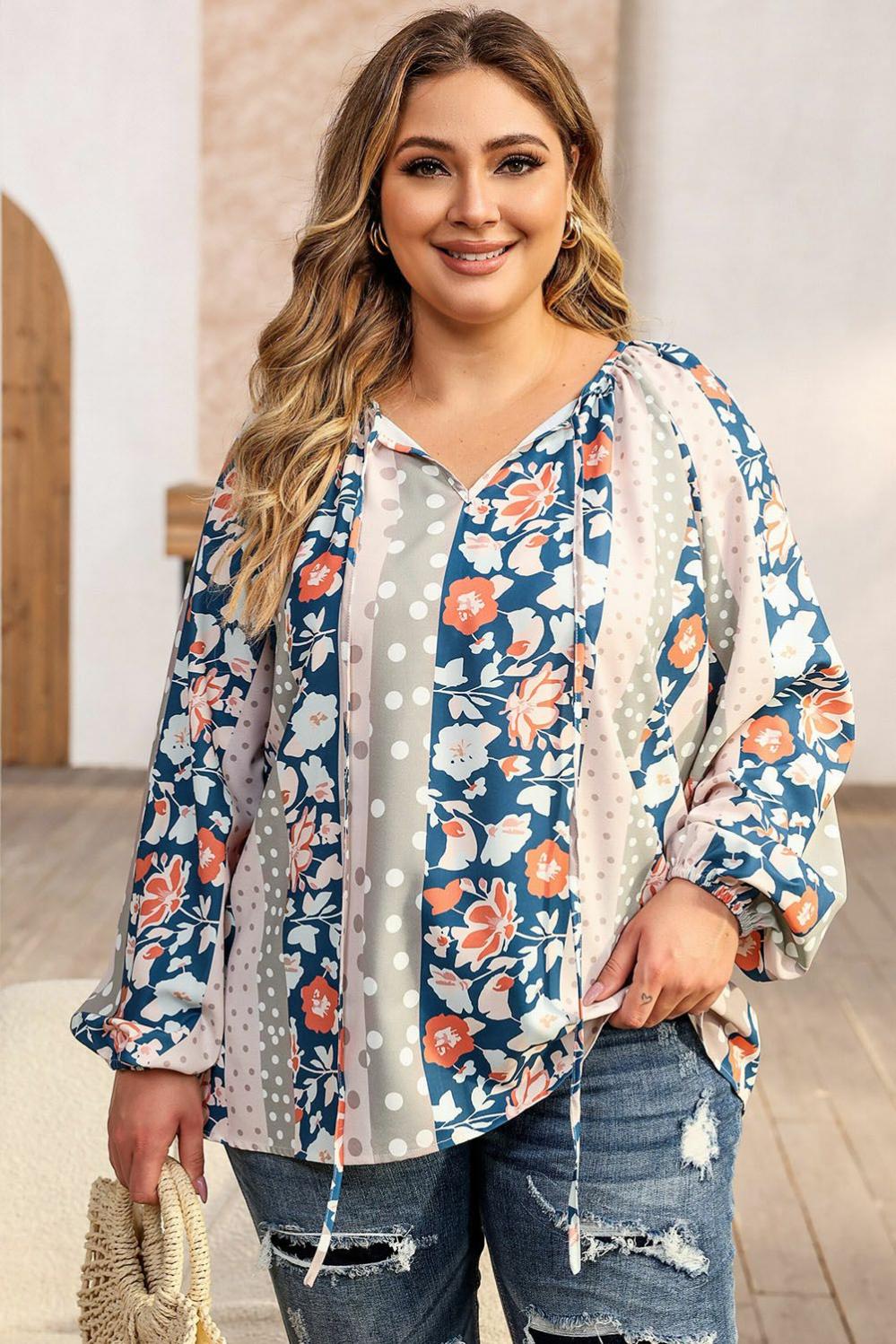 Womens  Plus Size Tops | Multicolor Plus Size Mixed Print Split Neck Blouse PLUS SIZE Multicolor