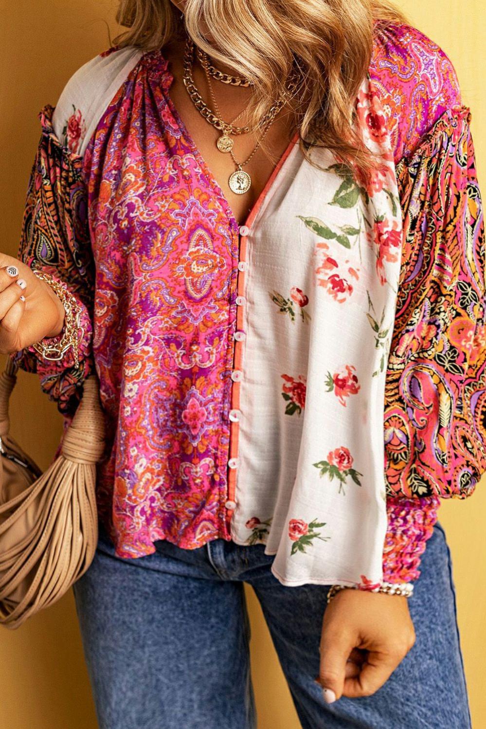 Womens  Plus Size Tops | Pink Multicolor Floral Patchwork Shirred Cuffs Buttoned Blouse PLUS SIZE Pink