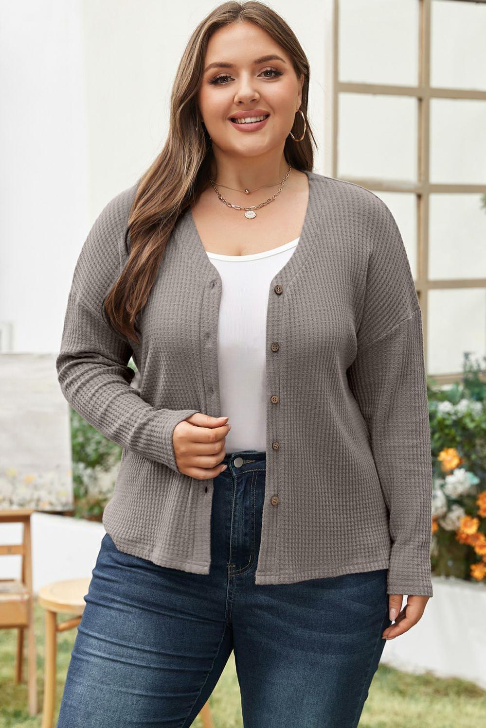 Womens  Plus Size Tops | Simply Taupe Waffle Knit Drop Shoulder Button V Neck Plus Size Top PLUS SIZE Plus Size Tops