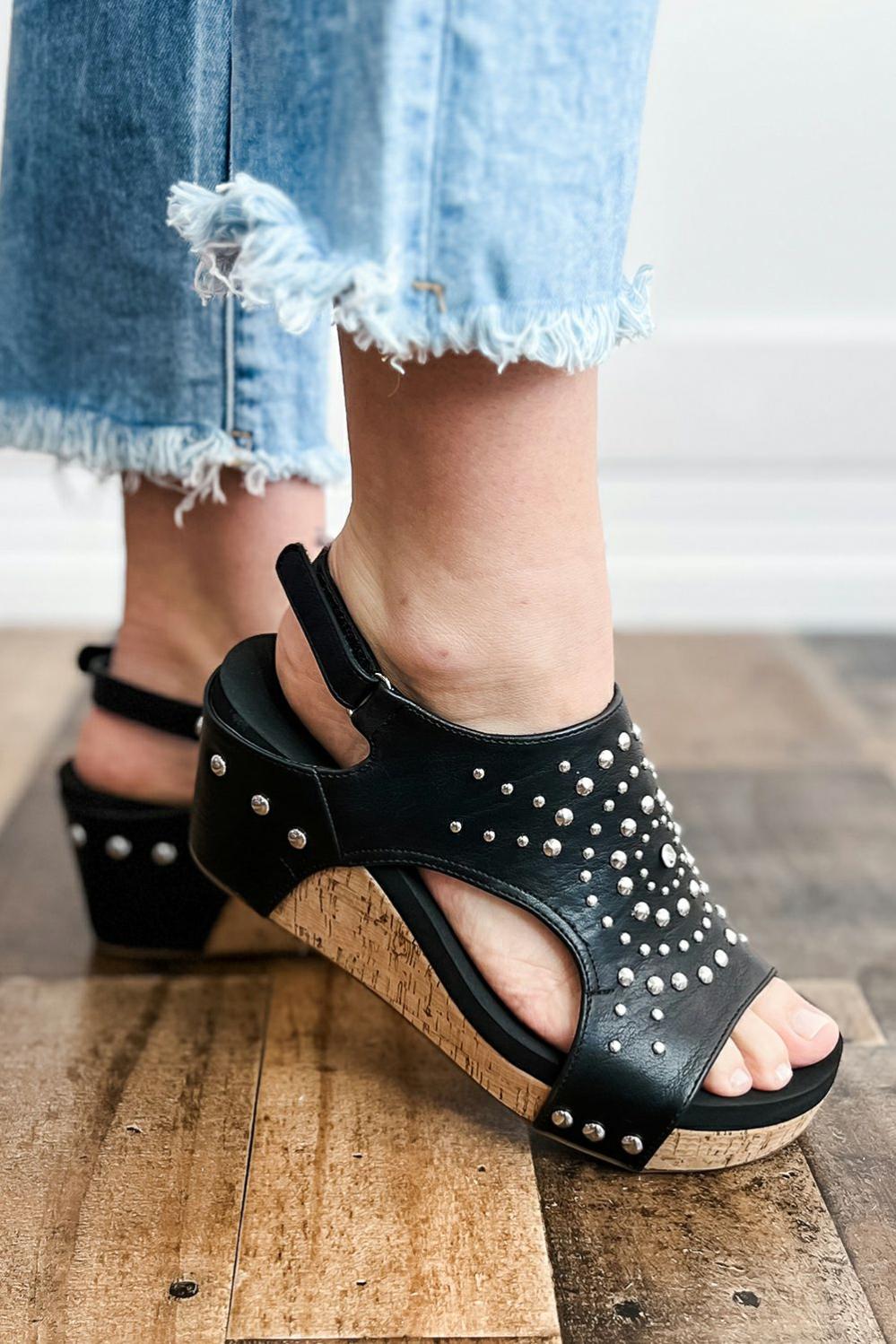 Womens  Sandals | Black Rhinestone Stud Hollow Out Wedge Sandals Sandals Black