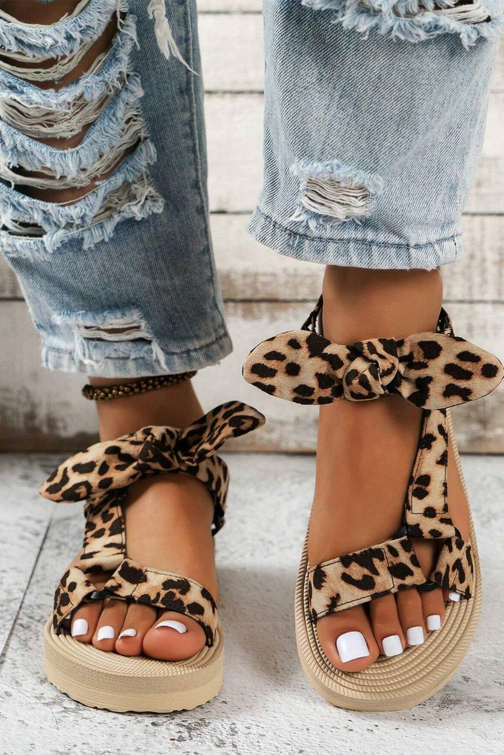 Womens  Sandals | Brown Leopard Pattern Bow Decor Thick Sole Sandals Sandals Brown