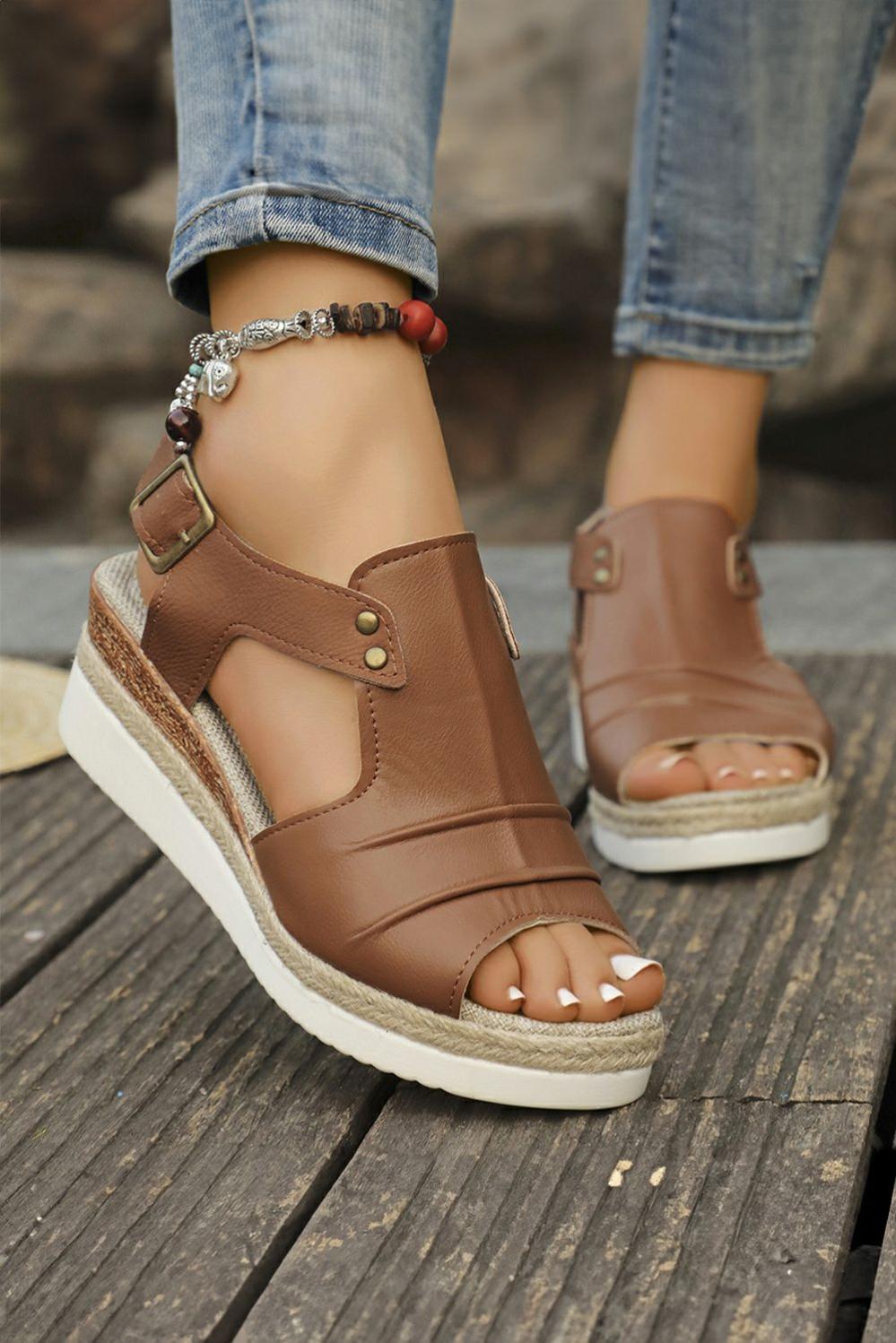 Womens  Sandals | Chestnut Pleated Leather Cut Out Wedge Sandals Sandals Chestnut