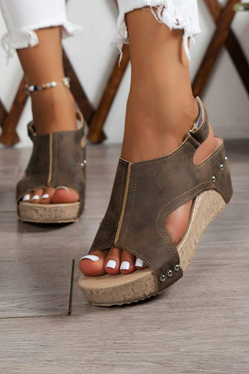 Womens  Sandals | Chestnut Suede Patched Studded Cut Out Wedge Sandals Sandals Chestnut