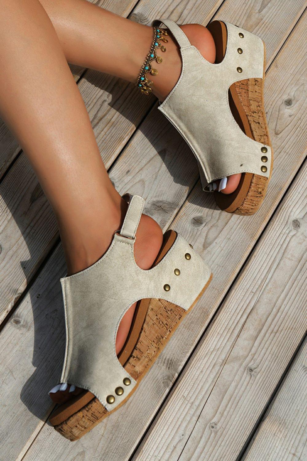 Womens  Sandals | Vintage Leather Stitching Studded Wedge Sandals Sandals Gray