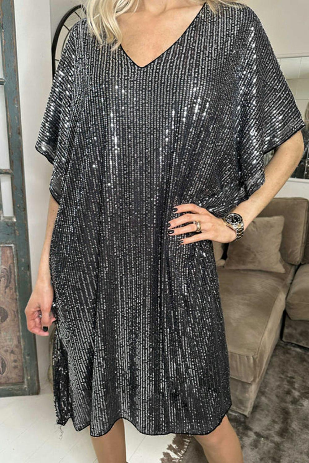 Womens  Sequin Dresses | Dark Grey Sequin V Neck Dolman Sleeve Shift Dress DRESSES Dark Grey