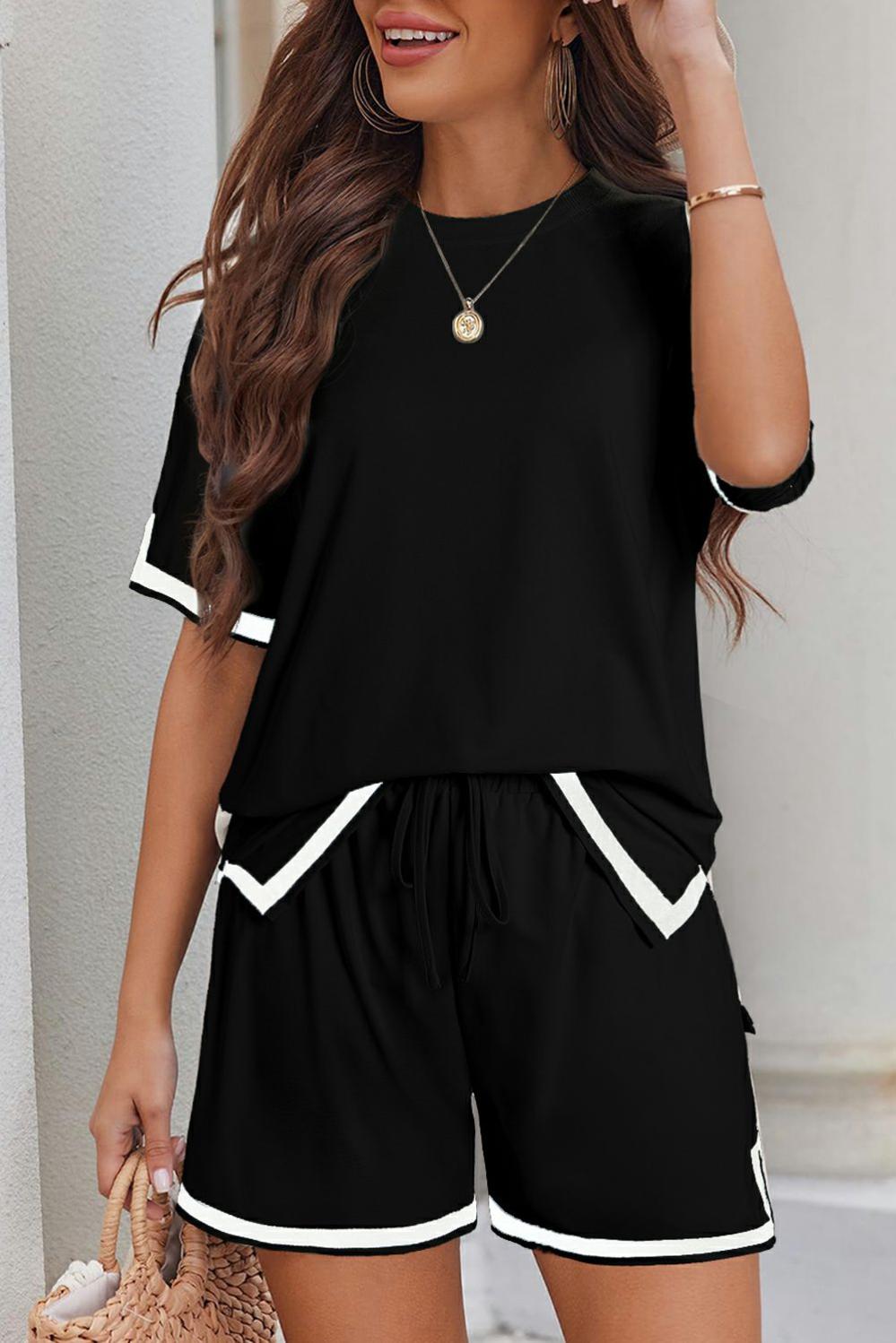 Womens  Short Sets | Black Contrast Trim Tee and Shorts Set Short Sets Black