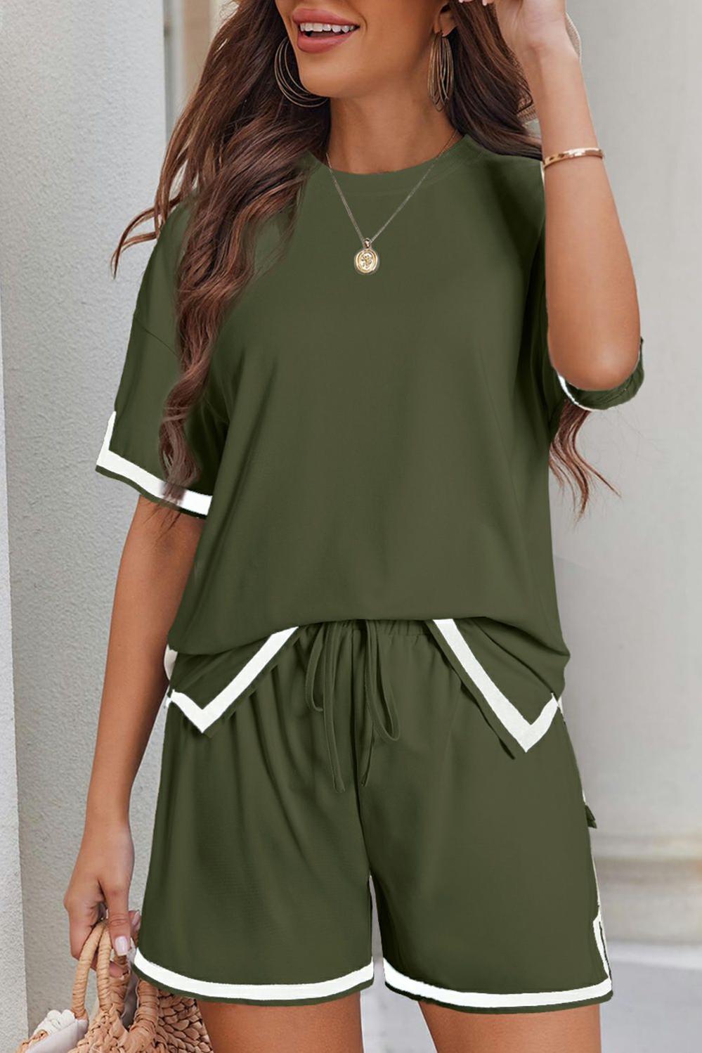 Womens  Short Sets | Vineyard Green Contrast Trim Tee and Shorts Set Short Sets Short Sets