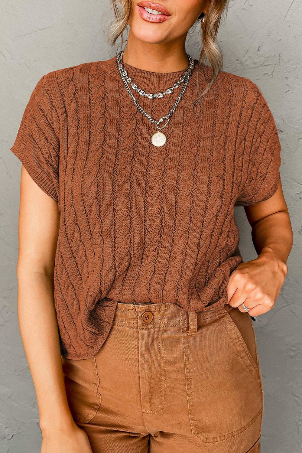 Womens  Short Sleeve Sweaters | Chestnut Crew Neck Cable Knit Short Sleeve Sweater Short Sleeve Sweaters Chestnut