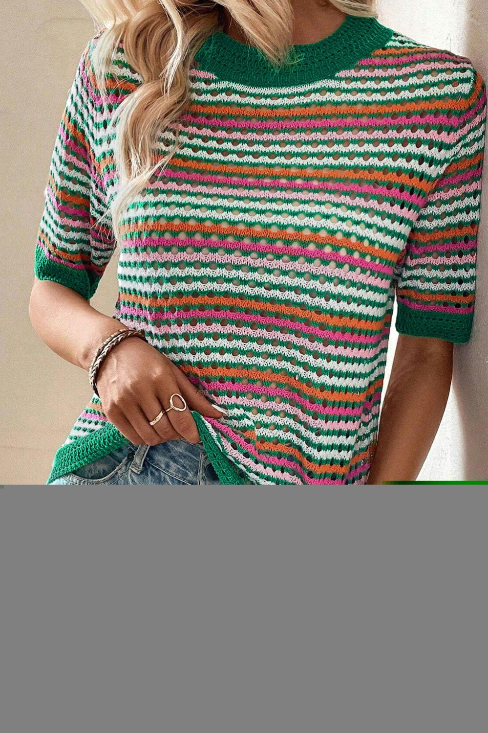 Womens  Short Sleeve Sweaters | Dark Green Striped Pattern Contrast Trim Pointelle Knit T Shirt Short Sleeve Sweaters Dark Green