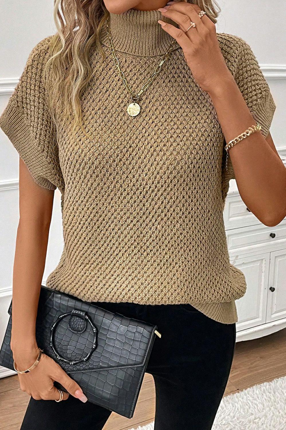 Womens  Short Sleeve Sweaters | Pale Khaki Turtleneck Textured Short Sleeve Sweater Short Sleeve Sweaters Pale Khaki