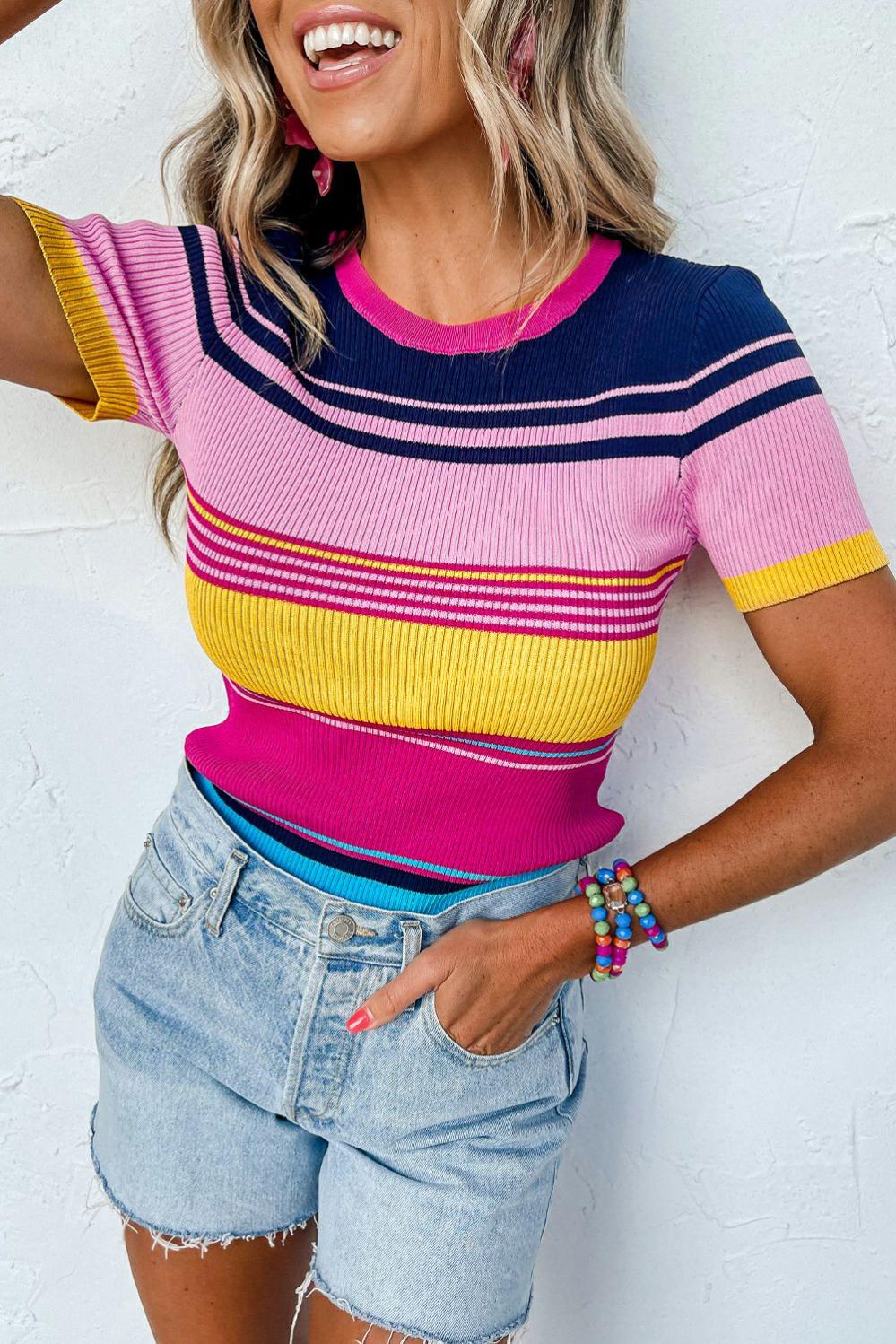 Womens  Short Sleeve Sweaters | Pink Mixed Stripes Ribbed Knit Top Short Sleeve Sweaters Pink