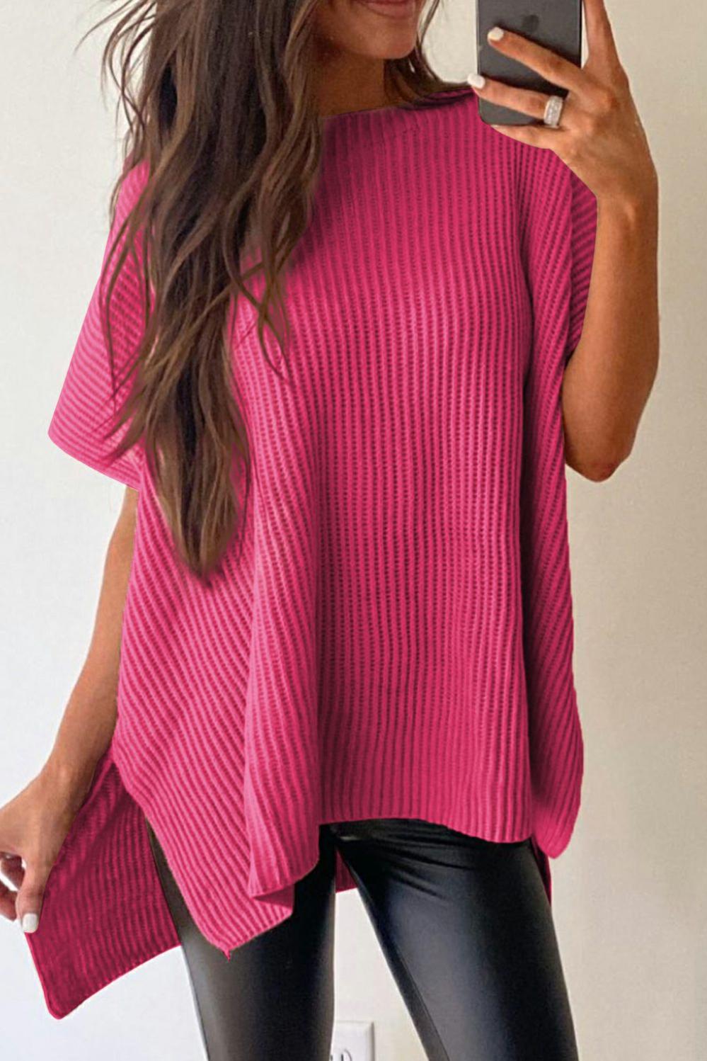 Womens  Short Sleeve Sweaters | Rose Red Short Sleeve Side Slit Oversized Sweater Short Sleeve Sweaters Rose Red