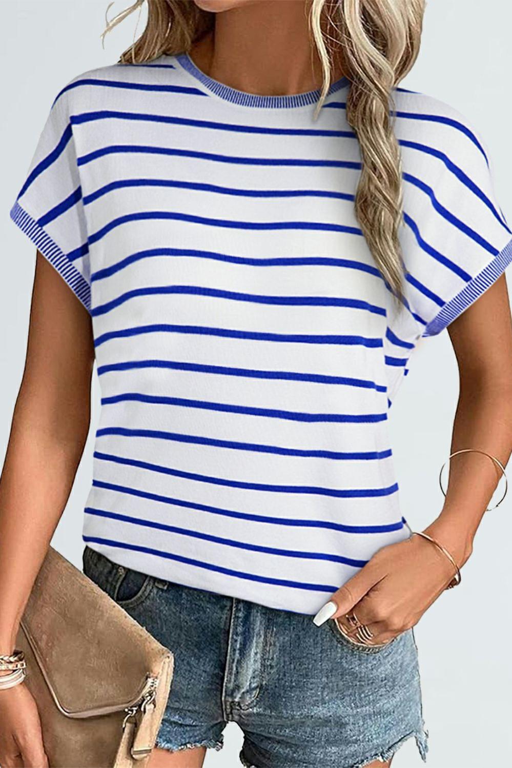 Womens  Short Sleeve Sweaters | Sky Blue Stripe Knitted Bat Sleeve T Shirt Short Sleeve Sweaters Short Sleeve Sweaters