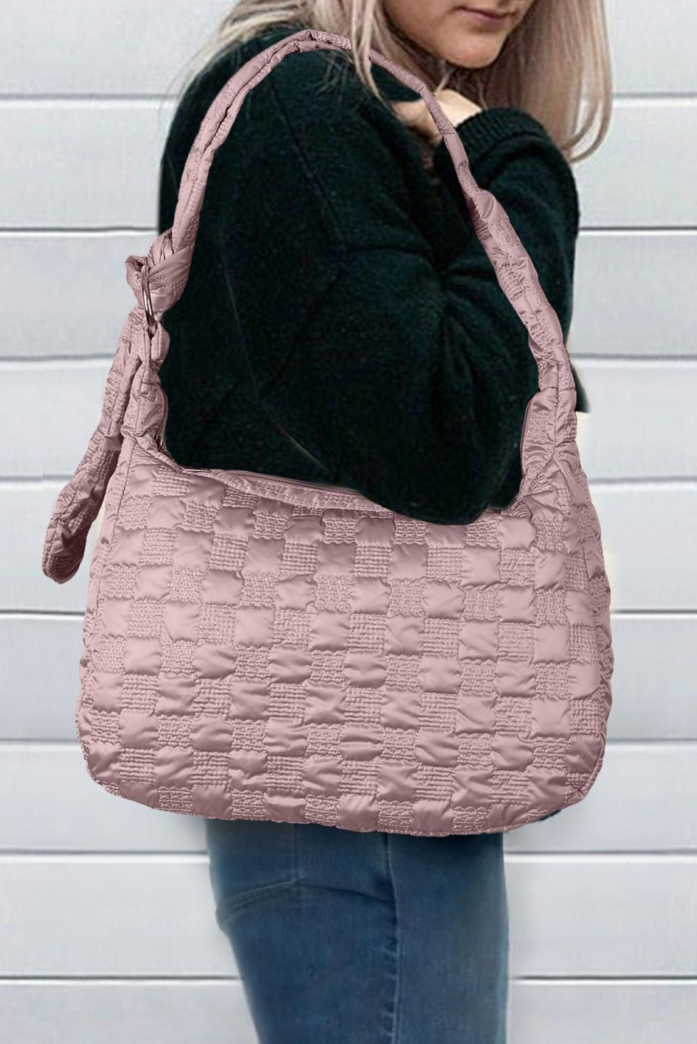 Womens  Shoulder Bags | Pink Checkered Bubble Textured Zipped Large Tote Bag SHOES & BAGS Pink