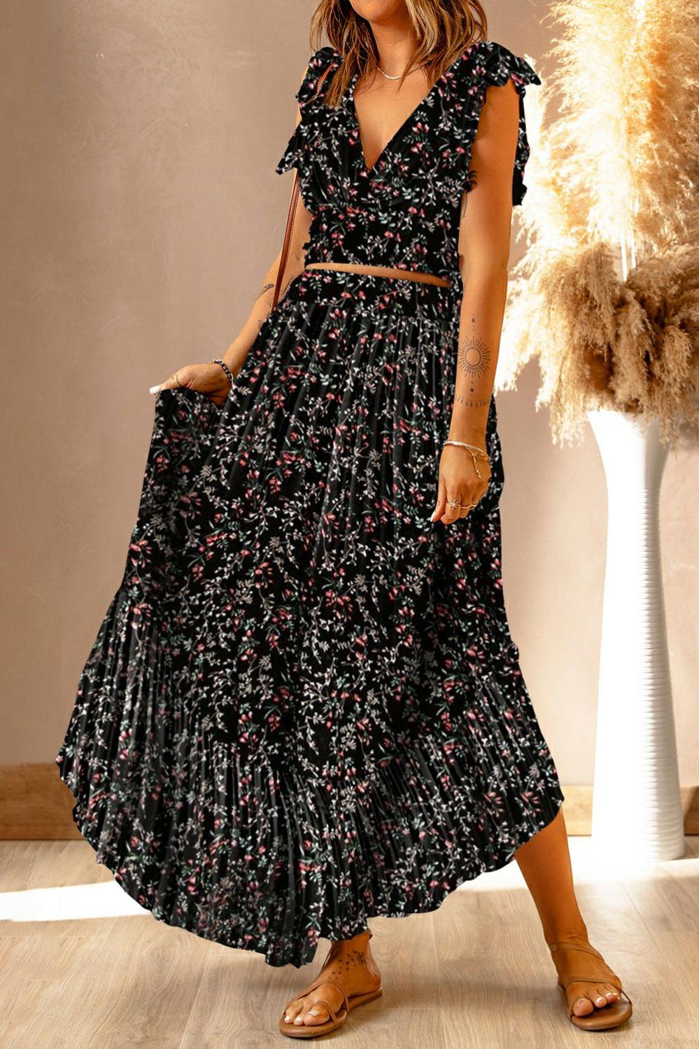 Womens  Skirt Sets | Black Multicolor Floral Ruffled Crop Top and Maxi Skirt Set Skirt Sets Black-2