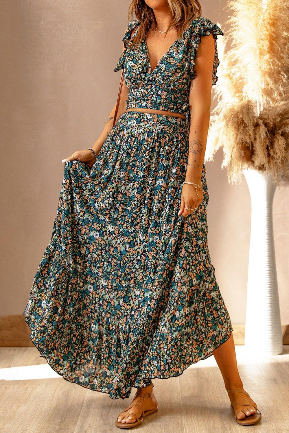 Womens  Skirt Sets | Multicolor Floral Ruffled Crop Top and Maxi Skirt Set Skirt Sets Multicolor