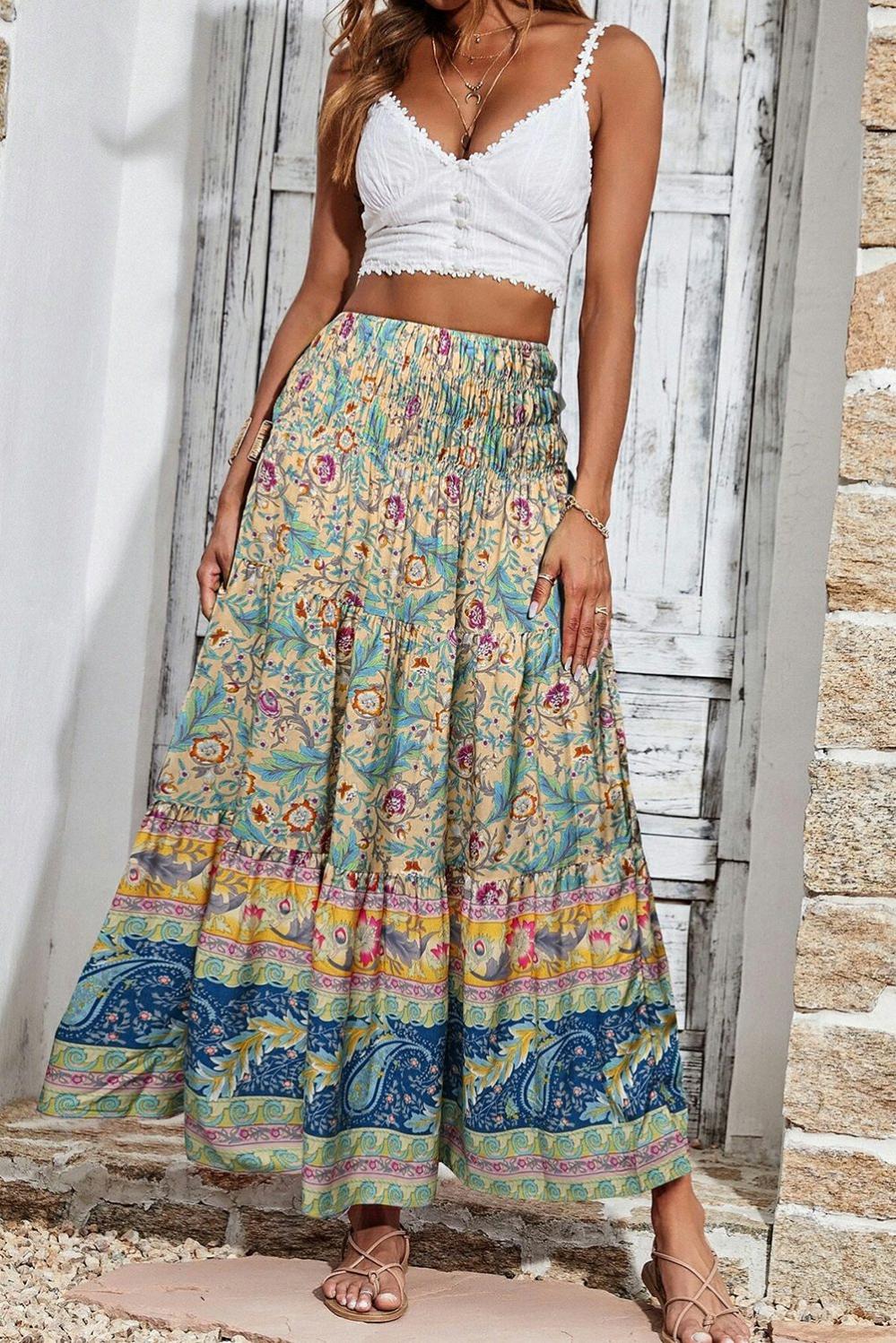 Womens  Skirts & Petticoat | Sky Blue Boho Floral & Paisley Print Shirred Waist Long Skirt BOTTOMS Skirts & Petticoat