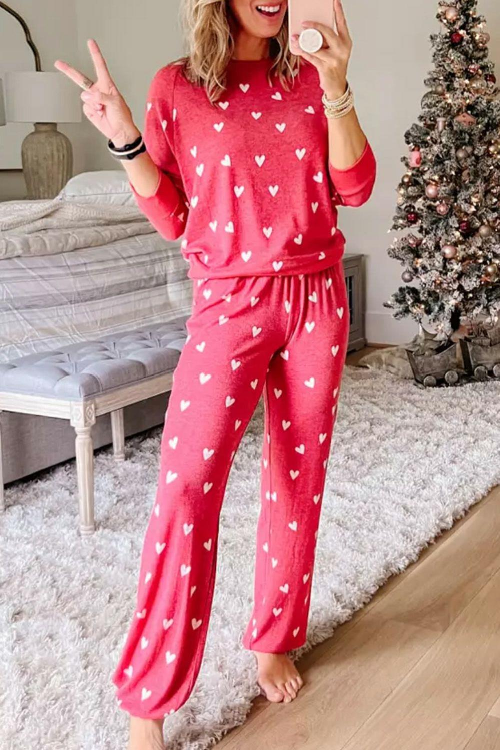 Womens  Sleepwear | Fiery Red Valentines Heart Print Pants Set LOUNGEWEAR & SLEEPWEAR Fiery Red