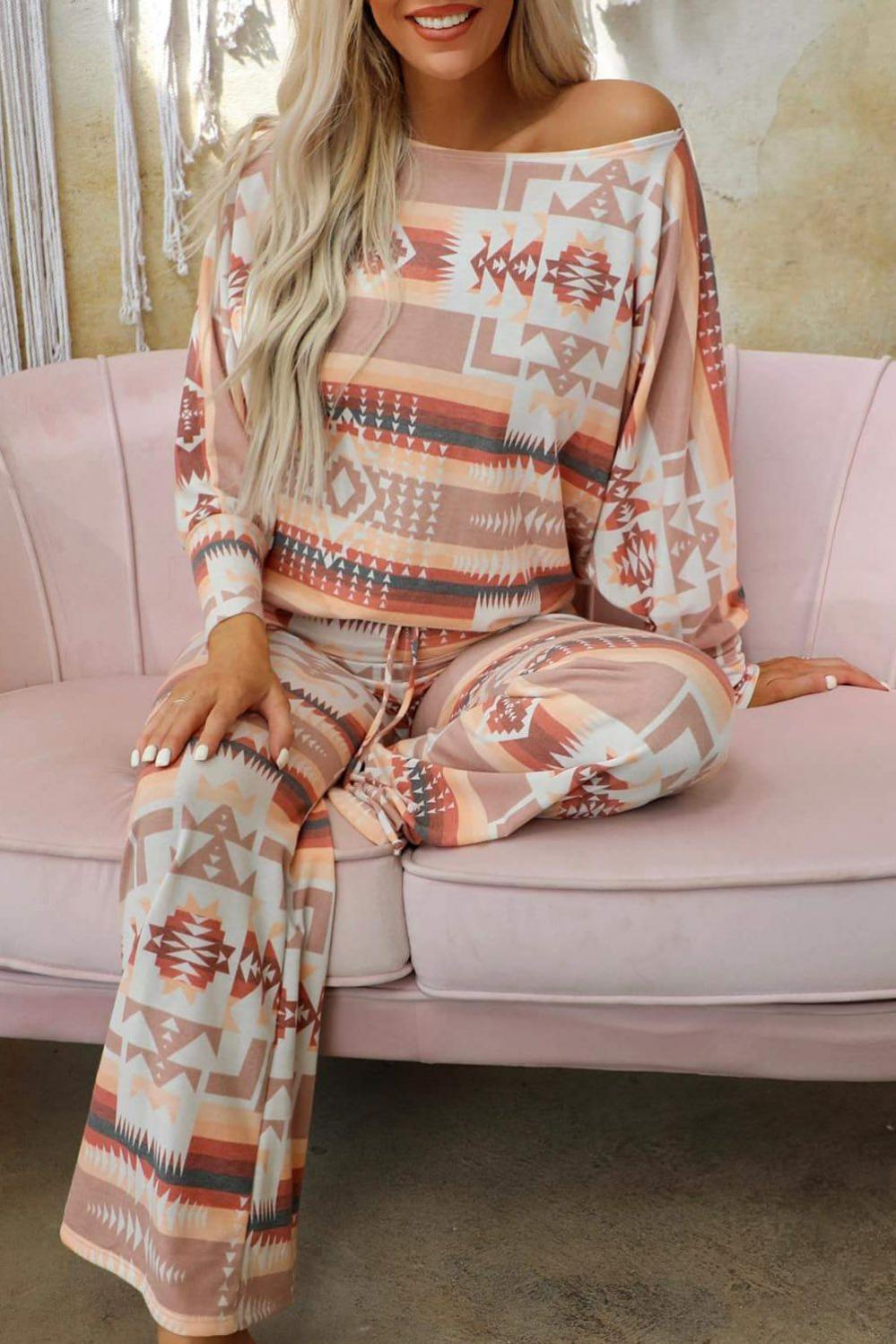 Womens  Sleepwear | Multicolour Aztec Print Puff Sleeve Pullover and Pants Lounge Outfit LOUNGEWEAR & SLEEPWEAR Multicolour