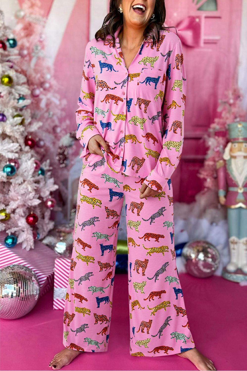 Womens  Sleepwear | Pink Cheetah Print Shirt and Pants Pajama Set LOUNGEWEAR & SLEEPWEAR Pink