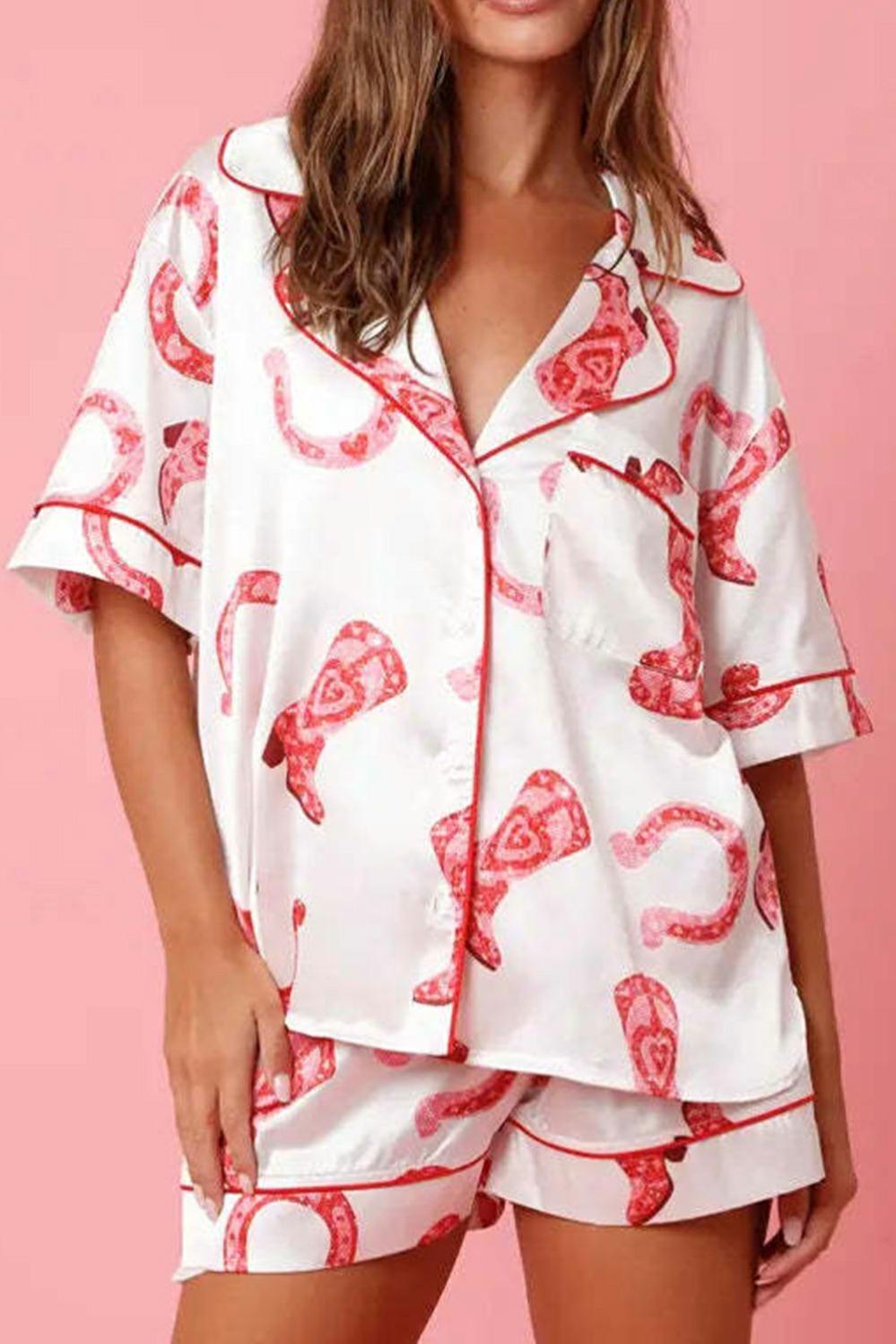 Womens  Sleepwear | White Full Pattern Shirt and Shorts Satin Pajama Set LOUNGEWEAR & SLEEPWEAR Sleepwear