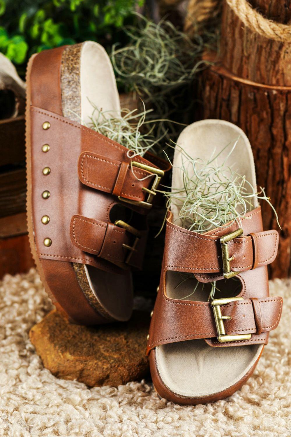 Womens  Slippers | Chestnut Dual Buckle Studded Platform Sandal Slippers SHOES & BAGS Chestnut