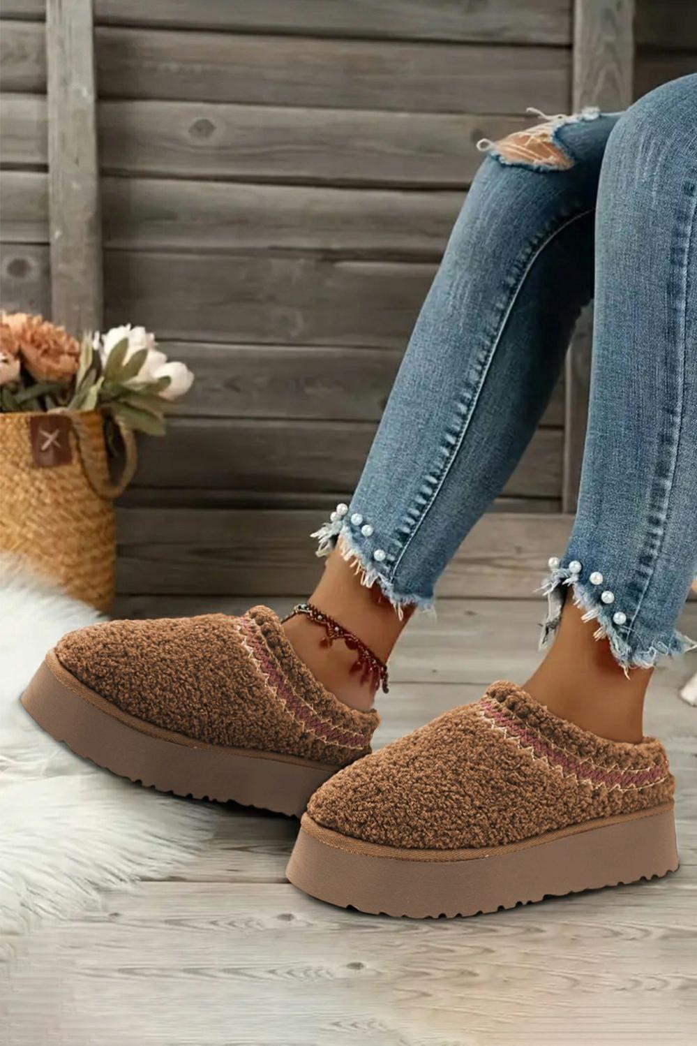 Womens  Slippers | Chestnut Embroidered Sherpa Plush Thick Sole Snow Boots SHOES & BAGS Chestnut