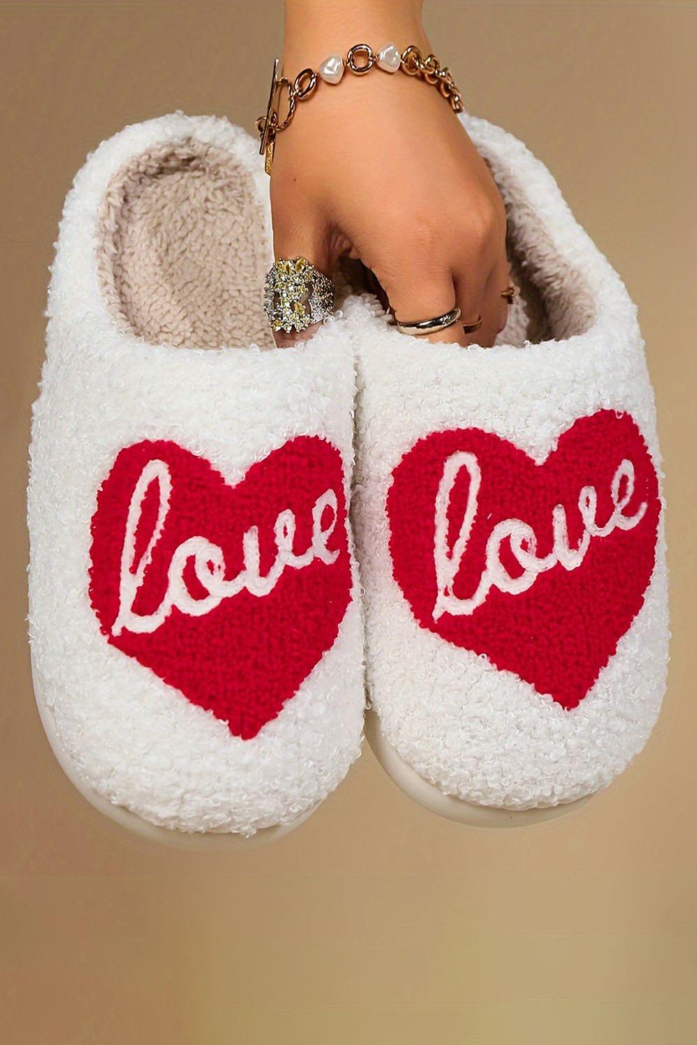 Womens  Slippers | Fiery Red Valentine Love Heart Pattern Home Fuzzy Slippers SHOES & BAGS Fiery Red