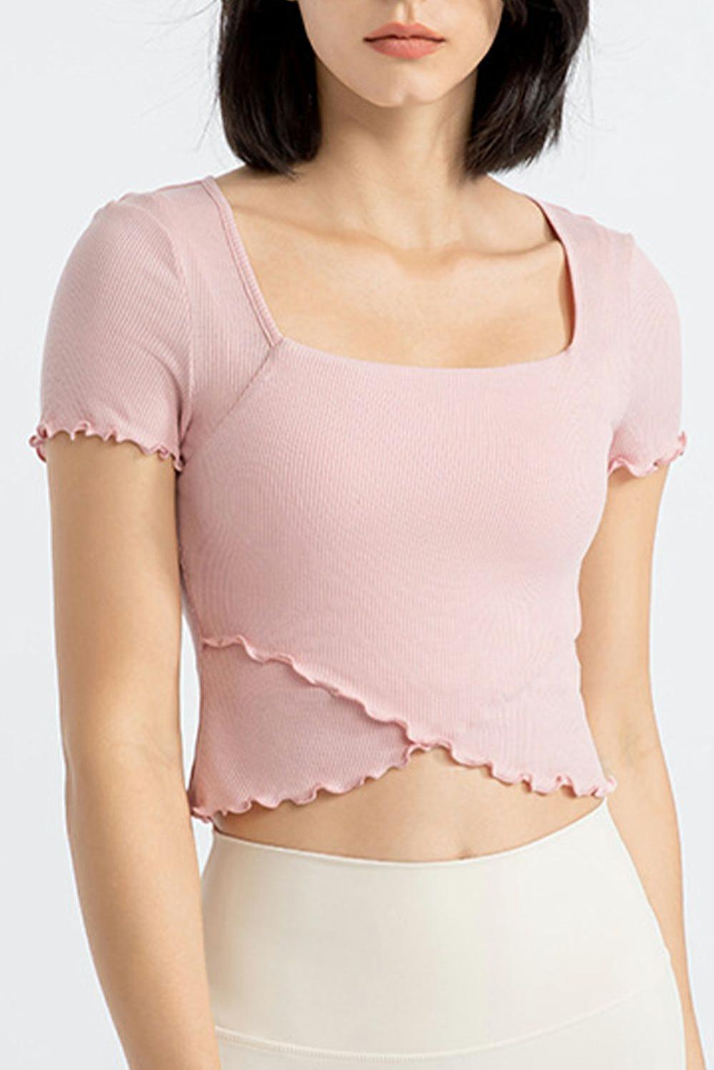 Womens  Sports Tops | Light Pink Frilly Trim Crossed Hem Cropped Yoga Top ACTIVEWEAR Light Pink