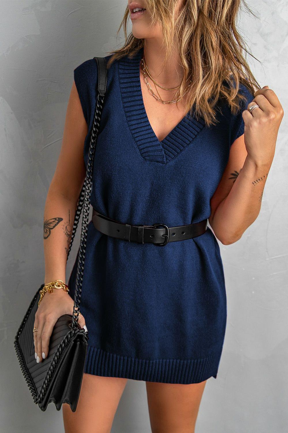 Womens  Sweater Dresses | Dark Blue Knit Vest Pullover Sweater DRESSES Blue