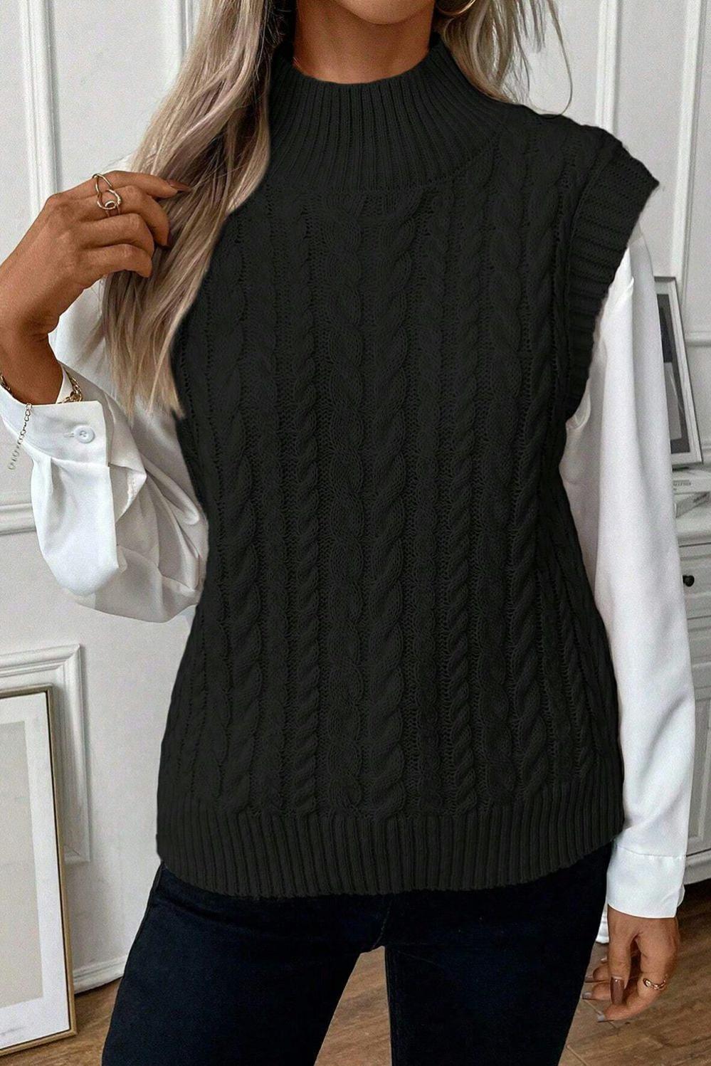 Womens  Sweater Vests | Black Cable Knit High Neck Sweater Vest Sweater Vests Black