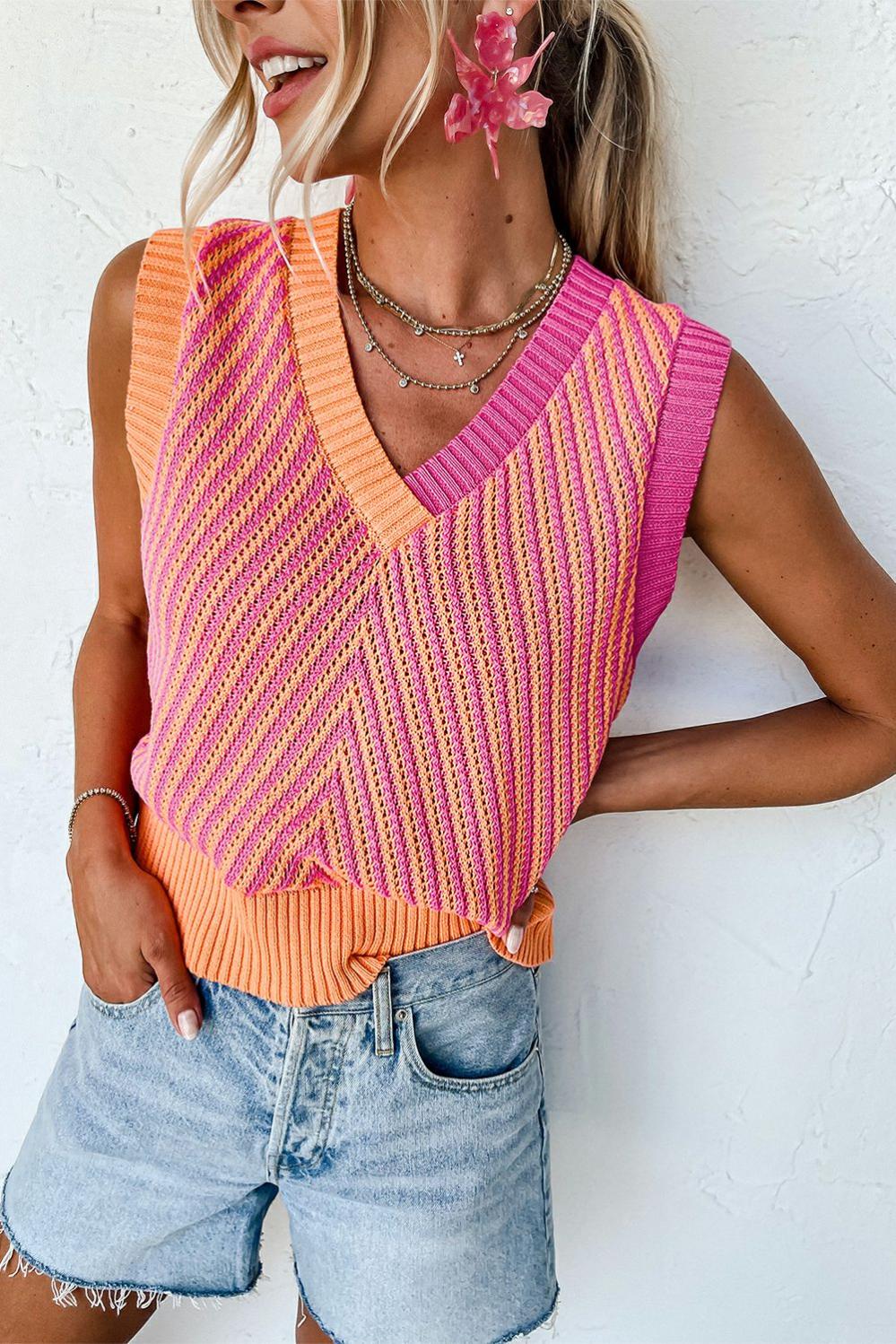 Womens  Sweater Vests | Strawberry Pink Contrast Chevron Knit V Neck Sweater Vest Sweater Vests Strawberry Pink