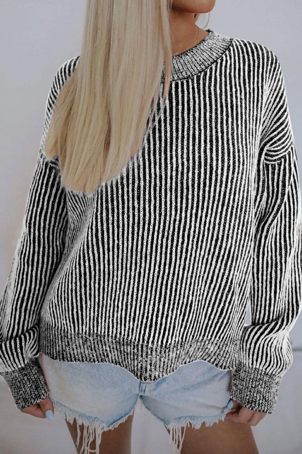 Womens  Sweaters | Black Striped Print Ribbed Trim Round Neck Sweater Sweaters Black