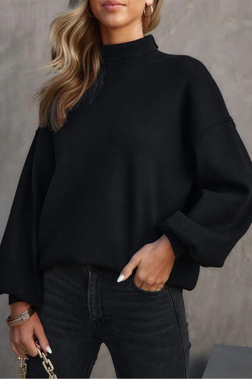 Womens  Sweaters | Black Turtleneck Drop Shoulder Bubble Sleeve Knit Sweater Sweaters Black