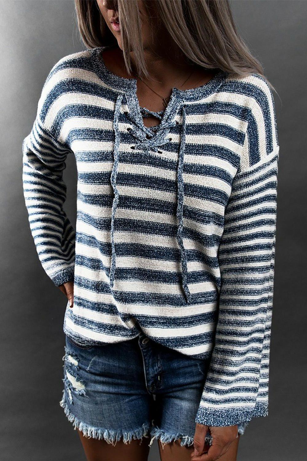 Womens  Sweaters | Blue Striped Knit Tie up Sweater Sweaters Blue