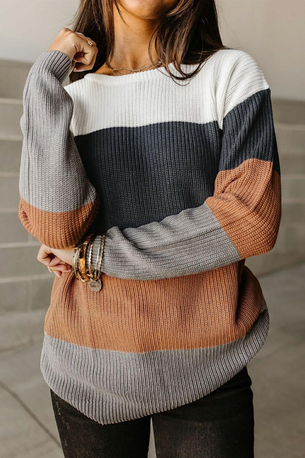 Womens  Sweaters | Chestnut Color Block Knitted O-neck Pullover Sweater Sweaters Chestnut