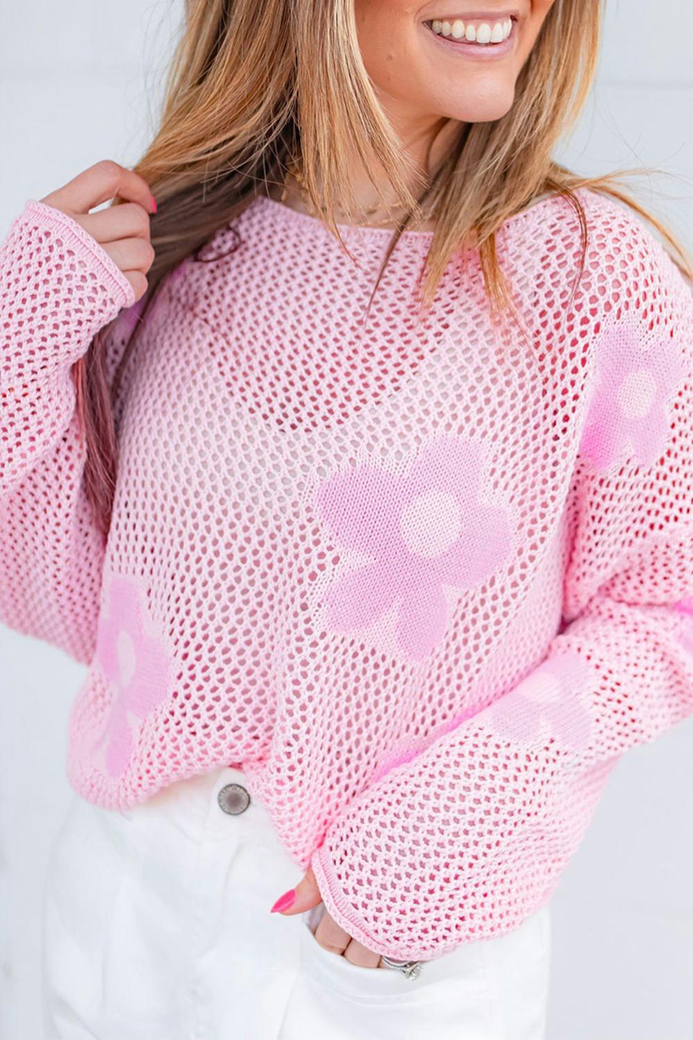 Womens  Sweaters | Light Pink Big Flower Hollowed Knit Drop Shoulder Sweater Sweaters Light Pink