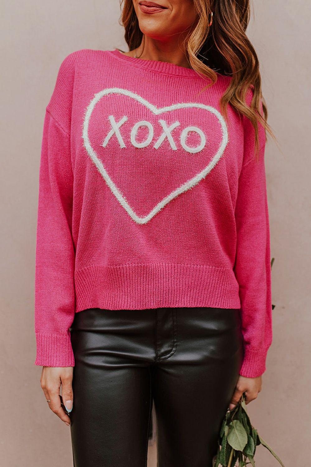 Womens  Sweaters | Rose Heart XOXO Pattern Drop Shoulder Rib Knit Sweater Sweaters Rose