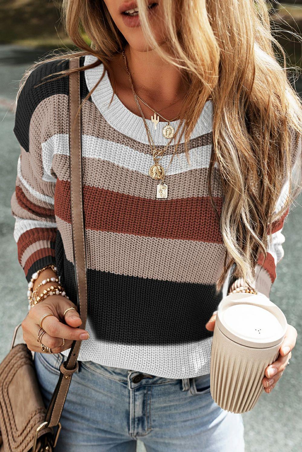 Womens  Sweaters | Taupe Classic Round Neck Colorblock Knit Sweater Sweaters Simply Taupe